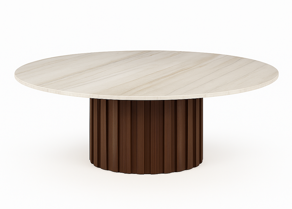 Comedor Imperial en cuarcita Taj Mahal con 8 sillas tapizadas