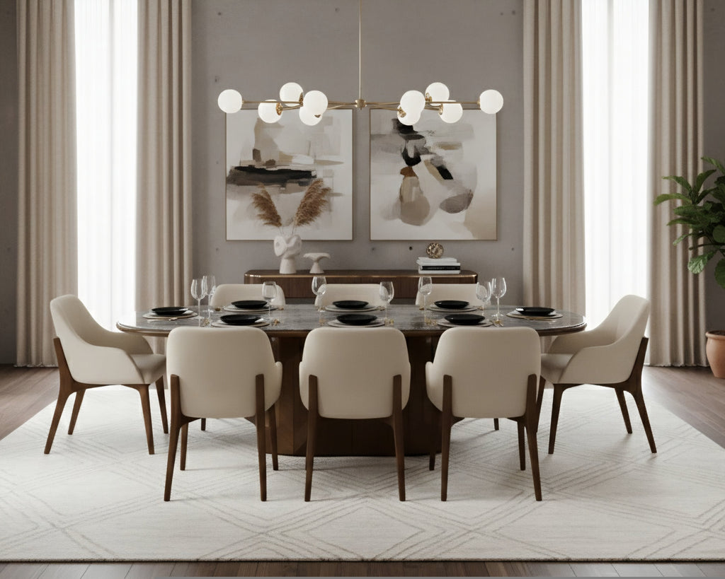 Comedor Verona en granito color piedra con 8 sillas tapizadas