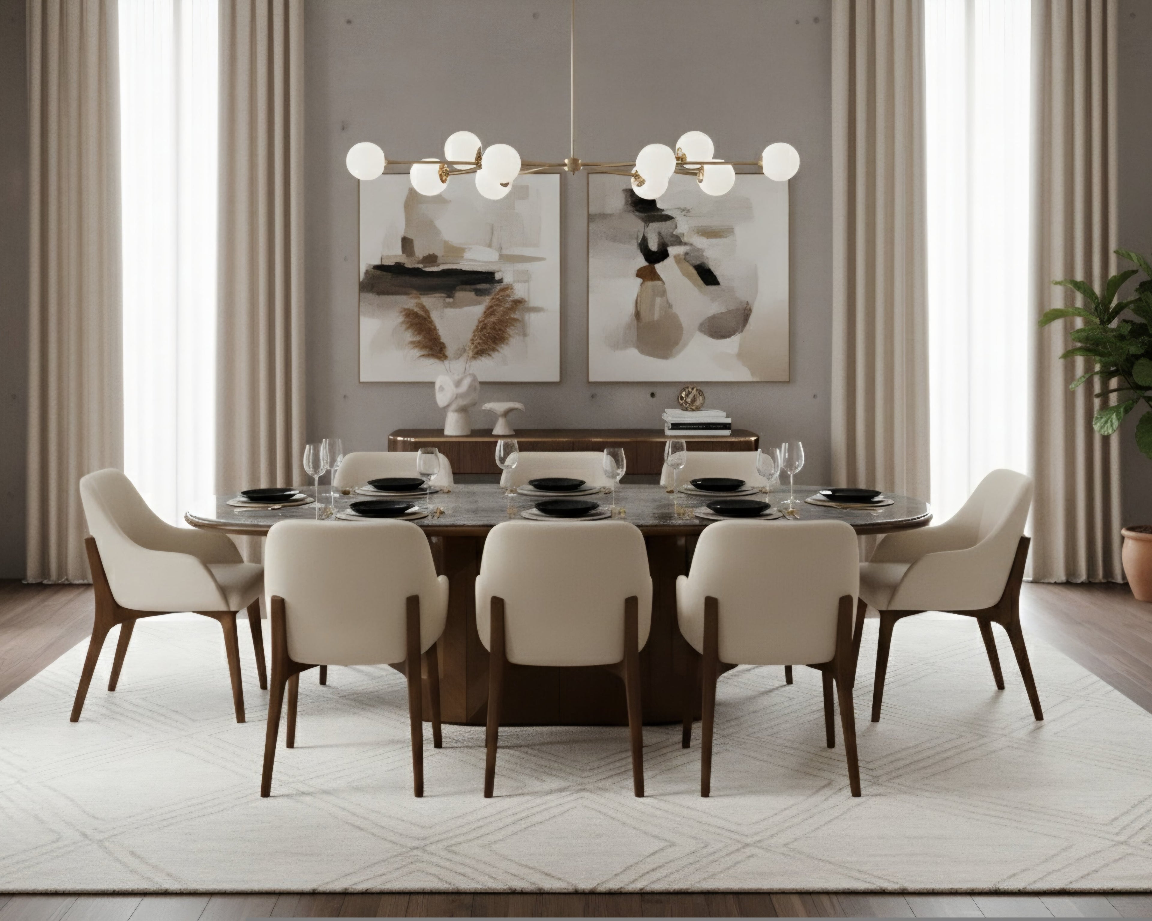 Comedor Verona en granito color piedra con 8 sillas tapizadas