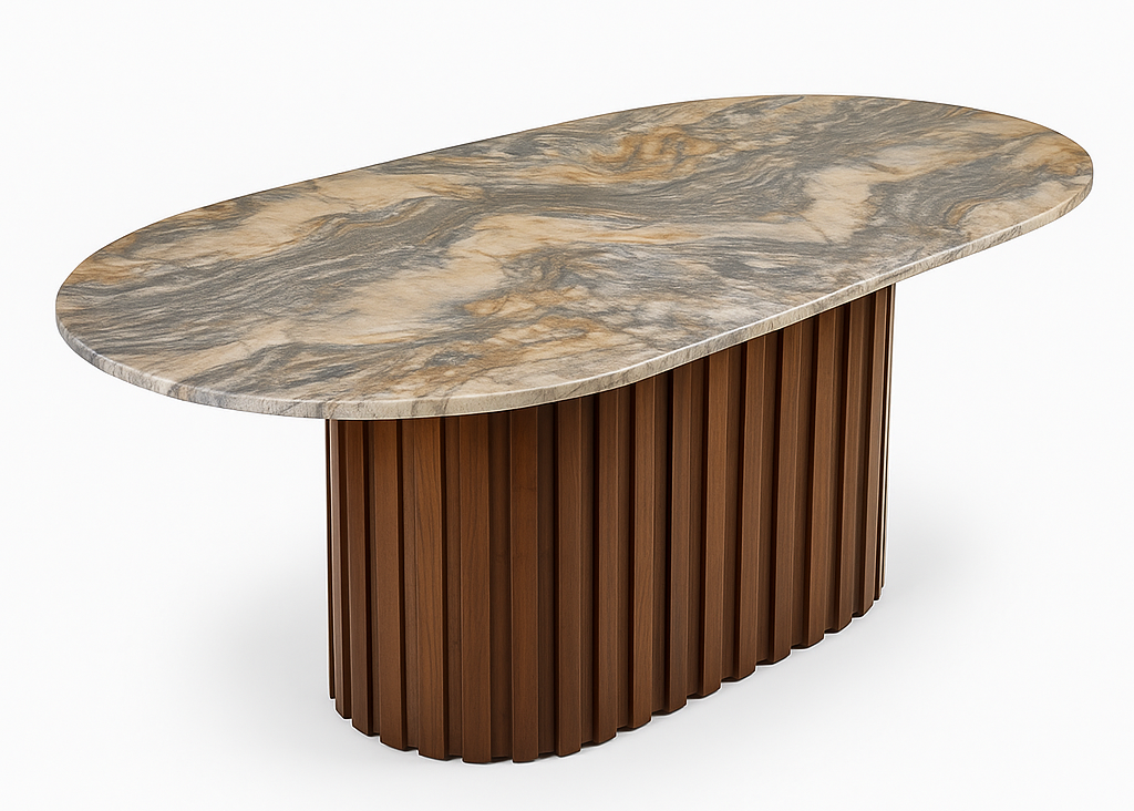 Comedor Milano en cuarcita Ocean Blue con 6 sillas tapizadas