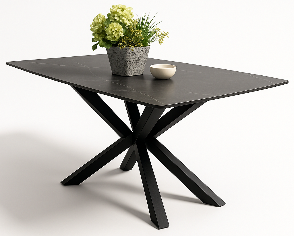 Comedor Oslo en granito porcelanizado con 6 sillas azul petróleo