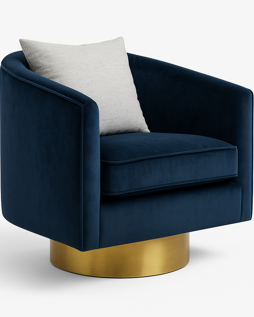 BCA, Sillón Decorativo Azul Marino con Base Dorada Giratoria