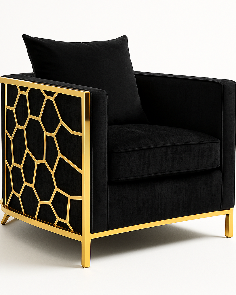 Sillón Decorativo Negro con Detalle Dorado Geométrico