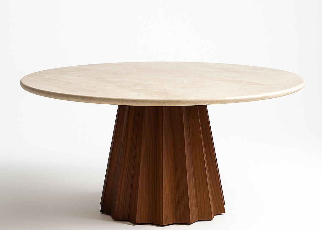 Comedor Capri de Cuarcita Taj Mahal blanco con 5 sillas de piel