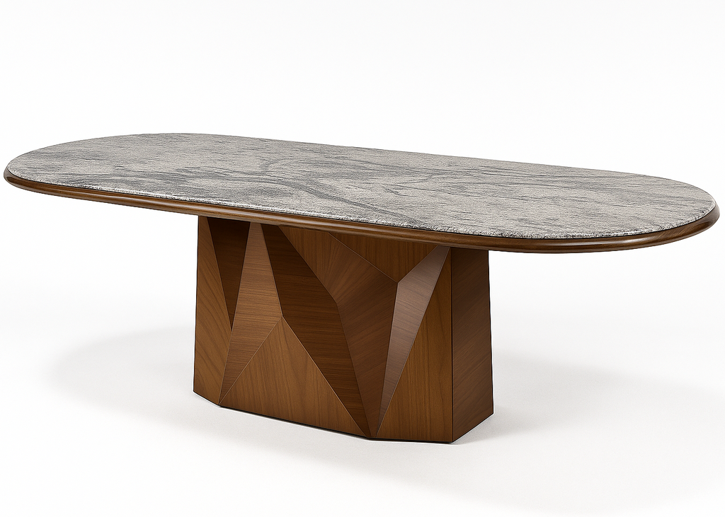 Comedor Verona en granito color piedra con 8 sillas tapizadas