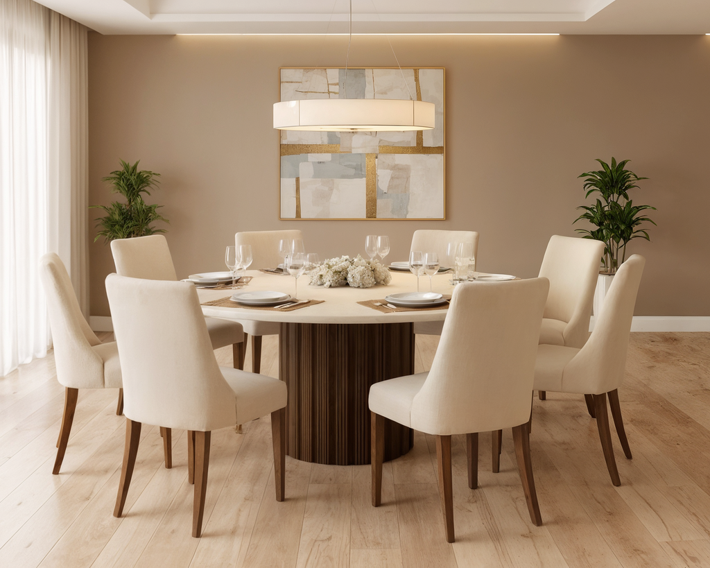 Comedor Imperial en cuarcita Taj Mahal con 8 sillas tapizadas