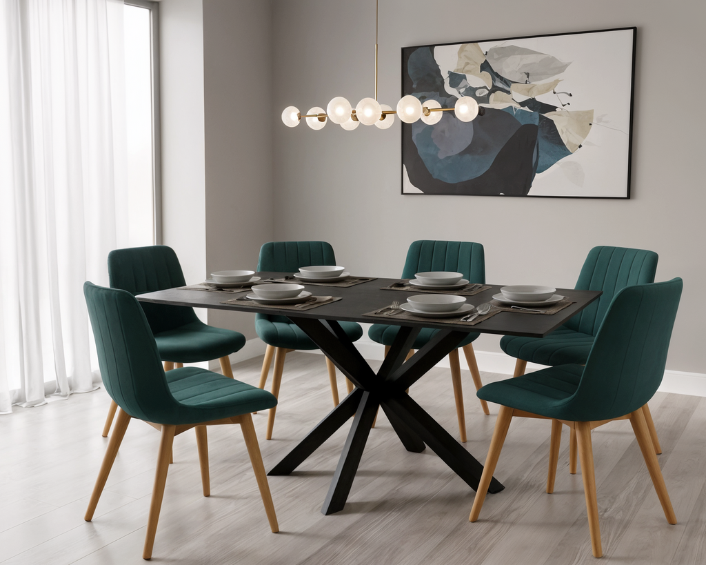 Comedor Oslo en granito porcelanizado con 6 sillas azul petróleo