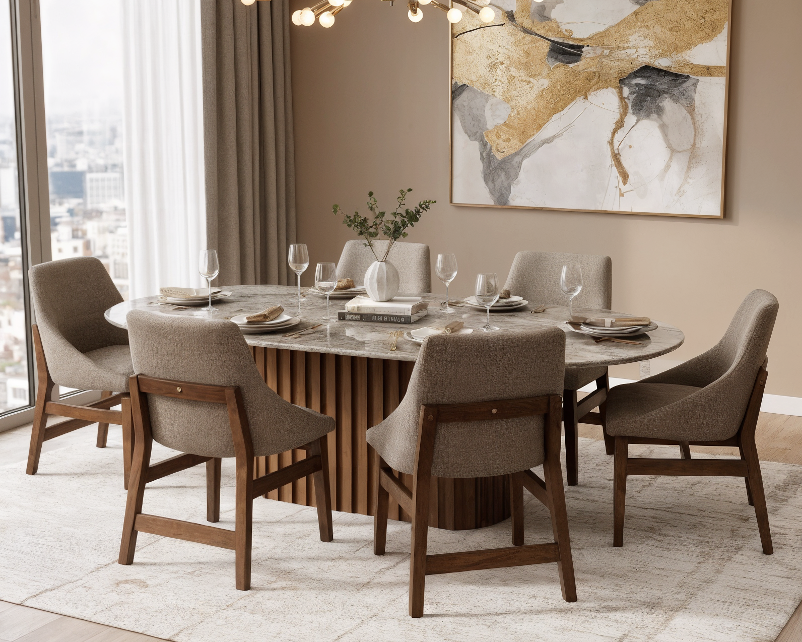 Comedor Milano en cuarcita Ocean Blue con 6 sillas tapizadas