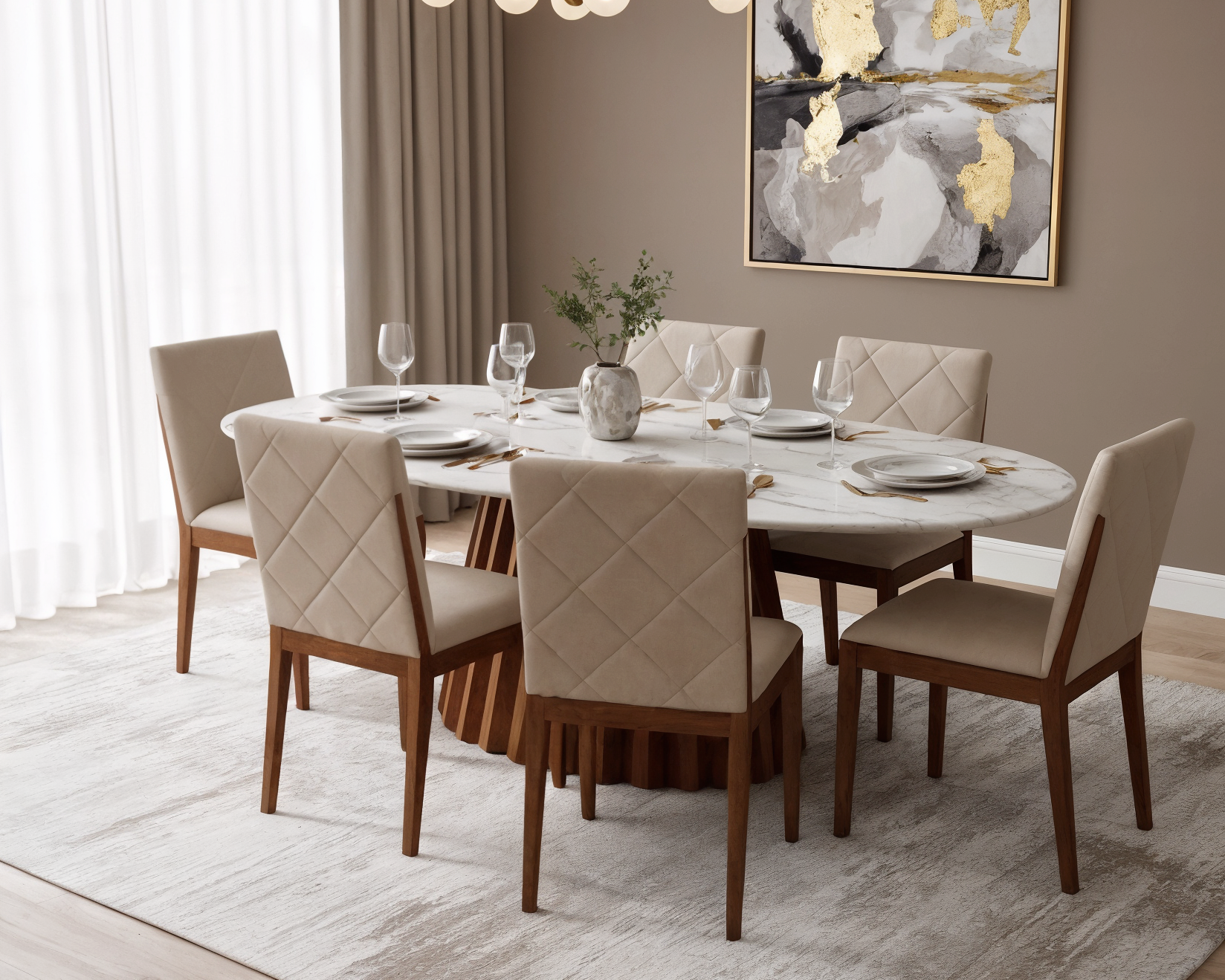 Comedor Roma en mármol Calacatta con 6 sillas tapizadas