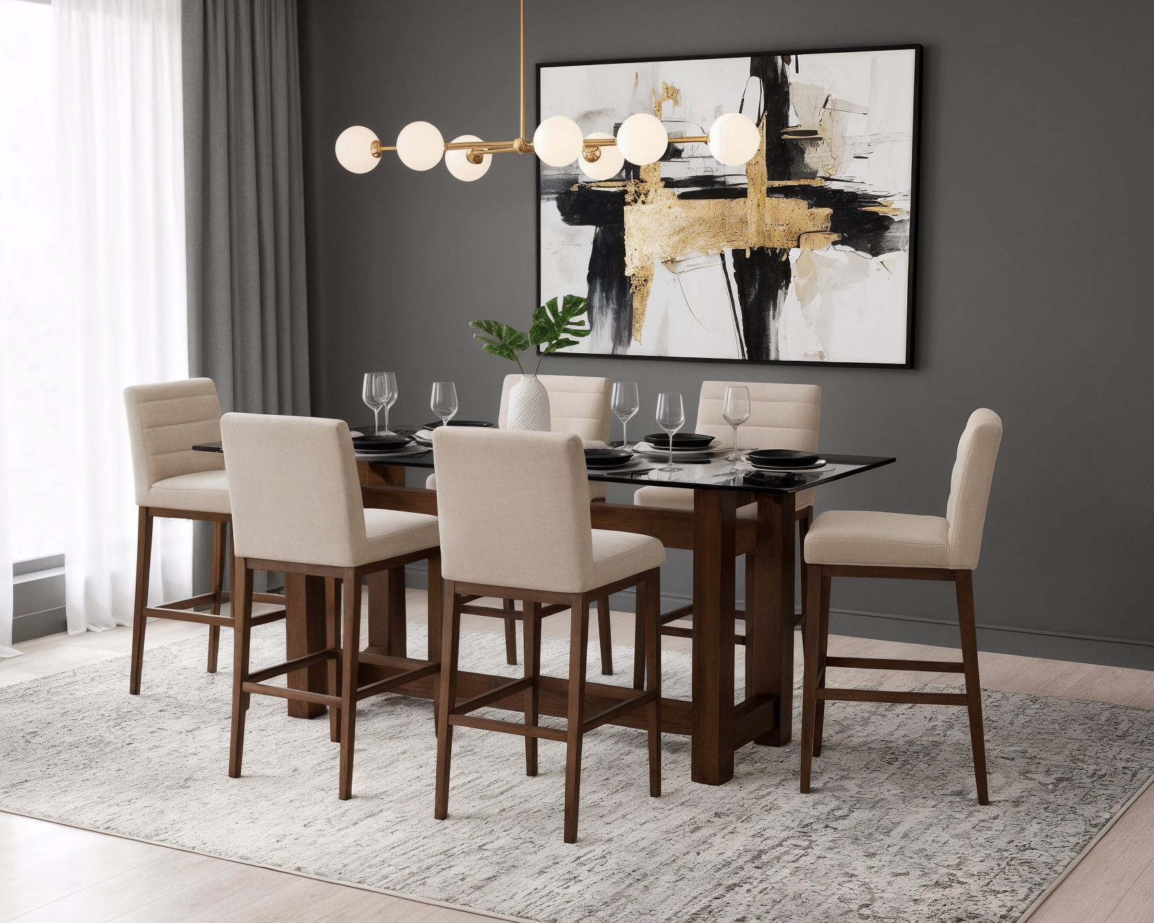 Comedor Oslo de cristal templado con 6 bancos altos