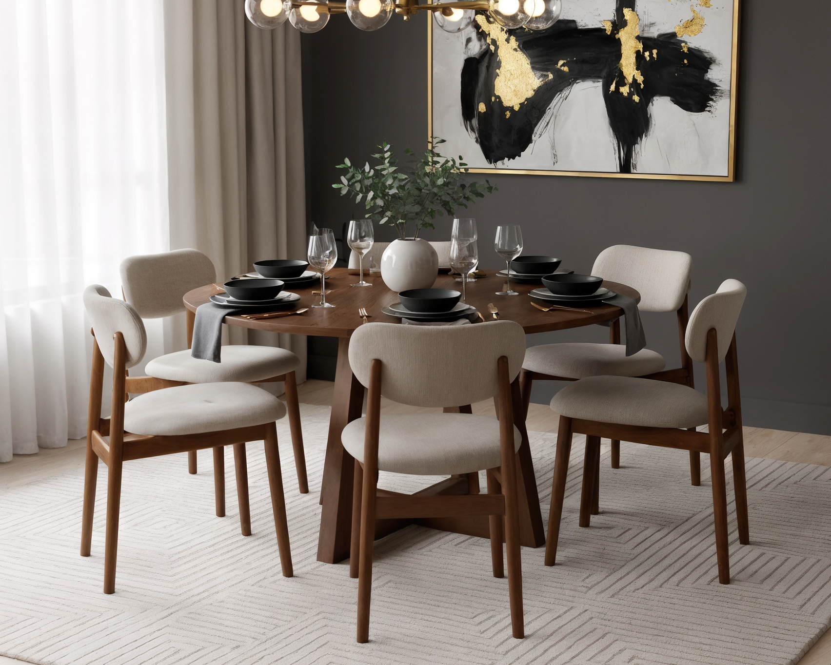 Comedor Nápoles en madera de cedro con 6 sillas tapizadas