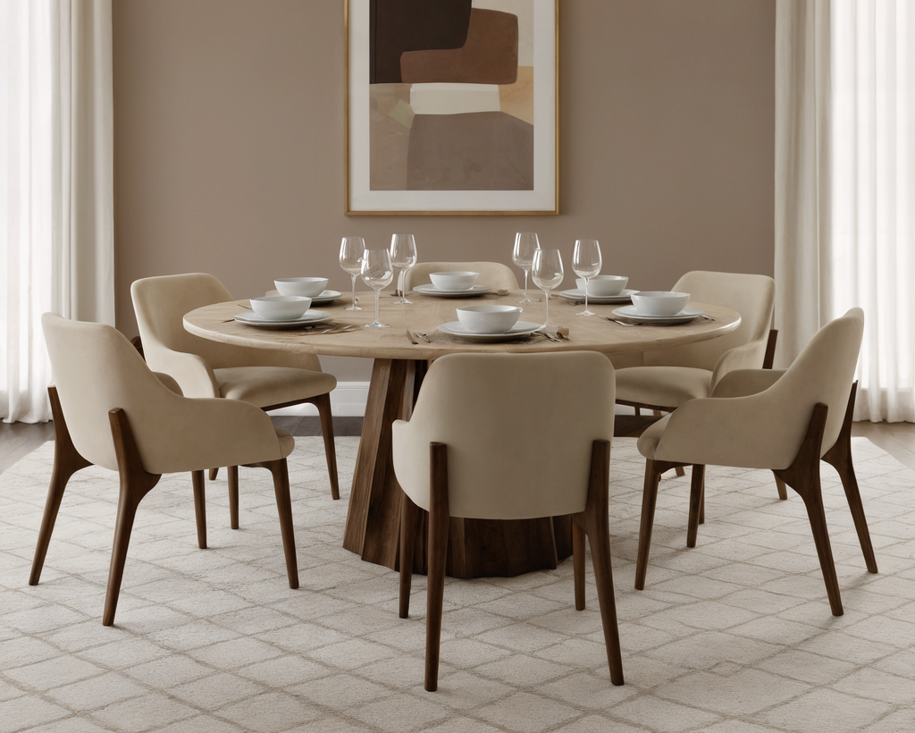 Comedor Capri de Cuarcita Taj Mahal blanco con 5 sillas de piel