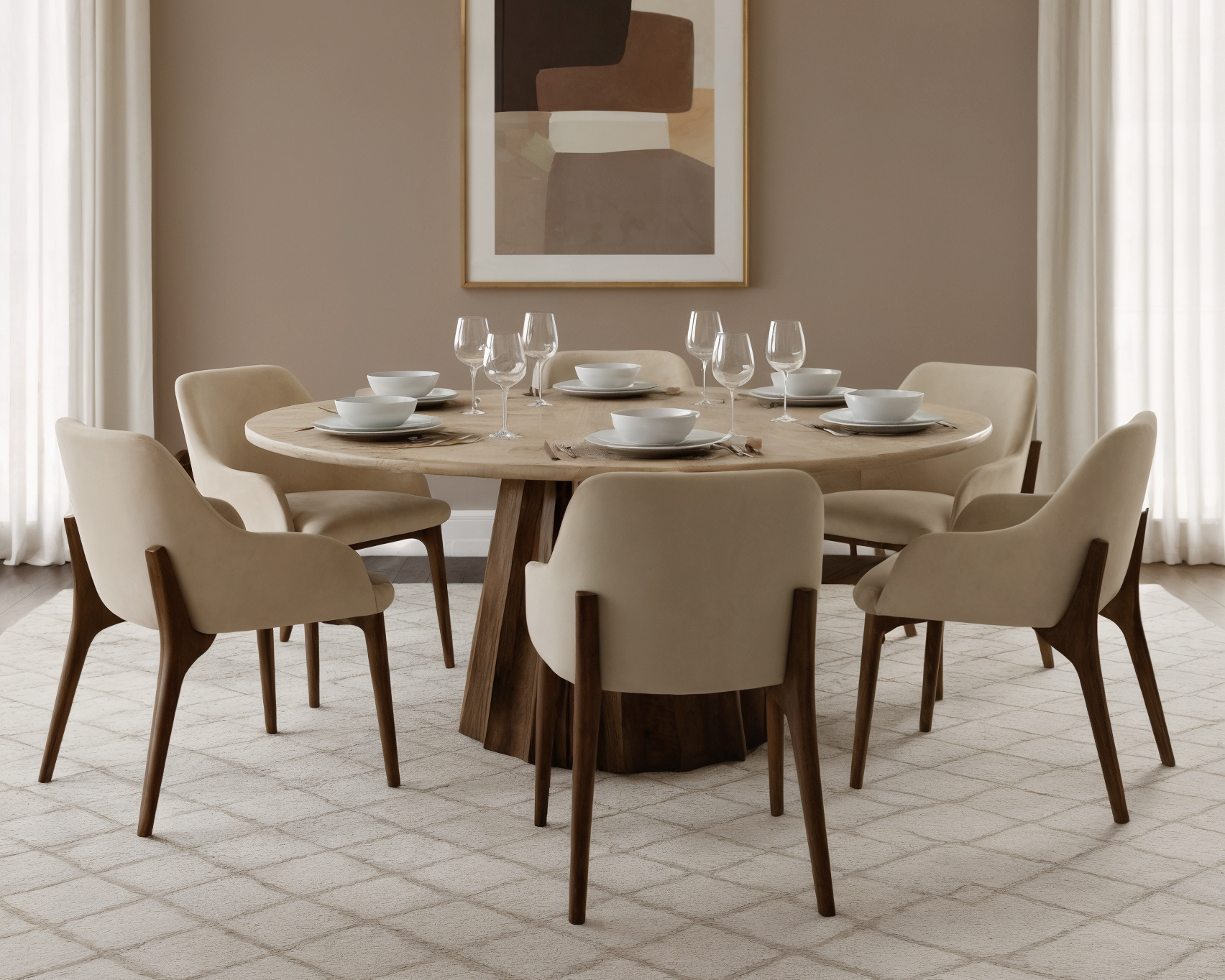 Comedor Capri de Cuarcita Taj Mahal blanco con 5 sillas de piel